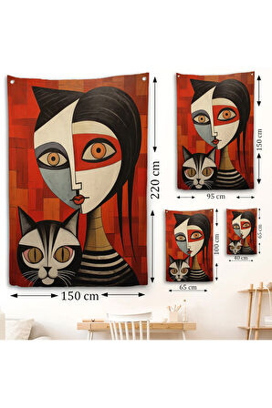 Pablo Picasso Tarzı - Soyut Renkli Kadın ve KediDuvar Örtüsü-7376