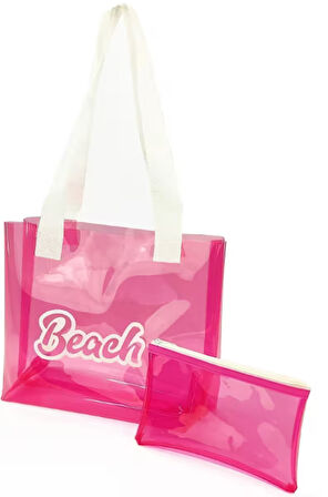 Pembe Kadın Beach Baskılı Şeffaf Plaj Çantası ve cüzdanı