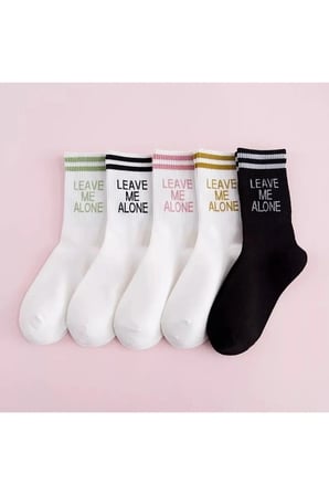 5 Çift Unisex Kolej Çorap Leave Me Alone Yazılı Renkli Şeritli Pamuklu Tenis Çorabı