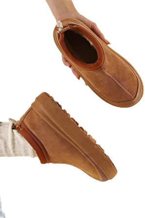 Süet Kalın Taban İçi Kürklü Arkadan Lastikli Kadın Bot TABA