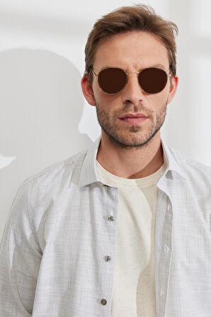Erkek Haki Slim Fit Dar Kesim Klasik Yaka %100 Pamuk Çizgili Gömlek