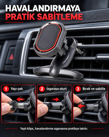 Dexxony A23 Mıknatıslı Klipsli Havalandırma Araç İçi Telefon Tutucu 360° Metal Plakalı