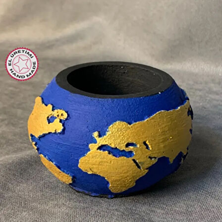 Uretti - Ayşe 7362 - El Yapımı Dünya Şeklinde Mavi - Sarı Saksı / Mumluk Dekoratif Obje - 6 x 9 cm