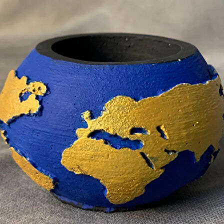 Uretti - Ayşe 7362 - El Yapımı Dünya Şeklinde Mavi - Sarı Saksı / Mumluk Dekoratif Obje - 6 x 9 cm