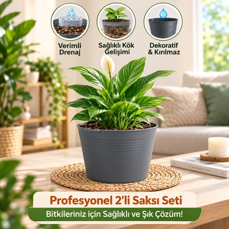 2'li Saksı Seti | 15 Pot Yarı Şeffaf Üretim Saksısı + 1.8 L Gri Dekoratif Kırılmaz Dış Saksı