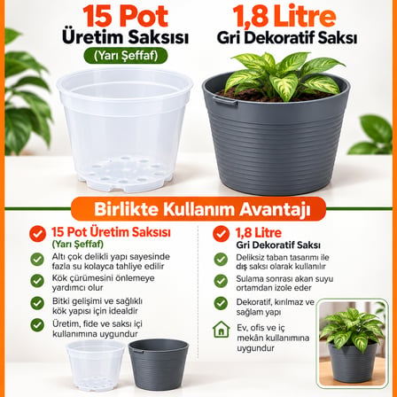 2'li Saksı Seti | 15 Pot Yarı Şeffaf Üretim Saksısı + 1.8 L Gri Dekoratif Kırılmaz Dış Saksı