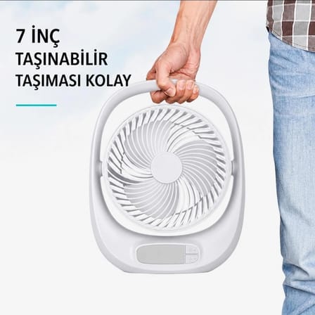 Şarjlı Masaüstü Fan Vantilatör 7'' Led Işıklı 3 Kademeli Taşınabilir Kablosuz Mini Fan