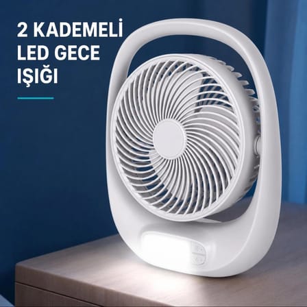 Şarjlı Masaüstü Fan Vantilatör 7'' Led Işıklı 3 Kademeli Taşınabilir Kablosuz Mini Fan