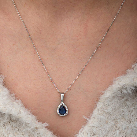 Gümüş Mavi Taşlı Damla Kadın Kolye