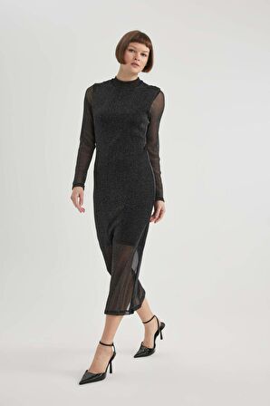 DeFacto Bodycon Vücudu Saran Basic Düz Yarım Balıkçı Yaka Uzun Kollu Tül Midi Elbise B6668AX23WNBK81