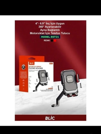 Blic Motosiklet Telefon Tutucu Siyah Ayna Bağlantılı 360 Derece Ayarlanabilir 4-6.9 İnç Uyumlu