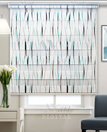 Mavi Siyah Çizgi Baskılı Zebra Perde - Wave Lines - Dijital Baskılı Zebra Stor Perde