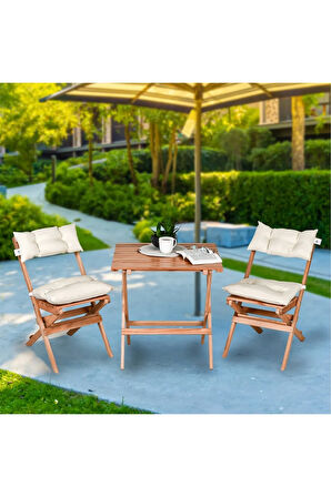 Reyo Ahşap Katlanır Puf Minderli 3'lü Bistro Set Bahçe Takımı Naturel Krem