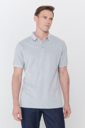 Erkek Gri Slim Fit Dar Kesim Polo Yaka %100 Pamuk Kısa Kollu Desenli Tişört