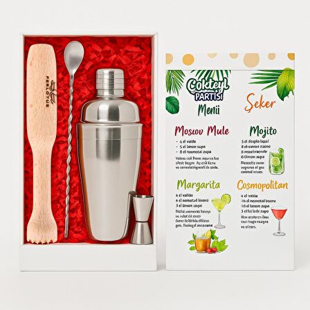 Perlotus Kokteyl Shaker Jigger Mojito Tokmak Bar Kaşığı Kokteyl Tarifleri Seti Kutusunda