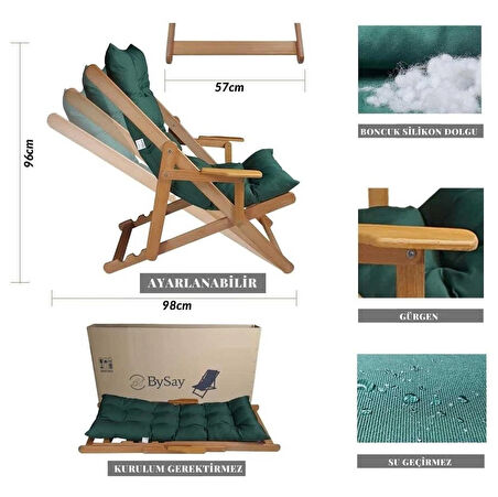 Reyo Bysay Puf Minderli Ahşap Kademeli Şezlong Bahçe&Balkon&Teras&Plaj Katlanır Şezlong Naturel Haki