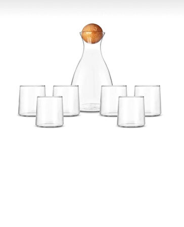 Modern Tasarım 7 Parça Cam Meşrubat Seti – Ahşap Top Kapaklı Sürahi + 6 Bardak