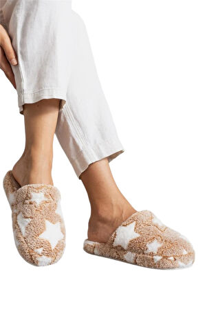 Önü Kapalı Yıldız Baskılı Peluş Kadın Ev Terliği VİZON