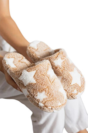 Önü Kapalı Yıldız Baskılı Peluş Kadın Ev Terliği VİZON