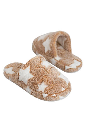 Önü Kapalı Yıldız Baskılı Peluş Kadın Ev Terliği VİZON