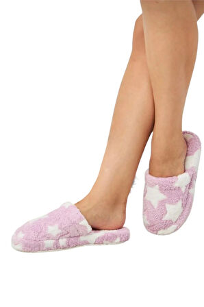 Önü Kapalı Yıldız Baskılı Peluş Kadın Ev Terliği Lila