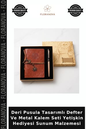 Deri Pusula Tasarımlı Defter Ve Metal Kalem Seti Yetişkin Hediyesi Sunum Malzemesi