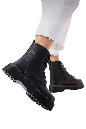 Kadın Fermuarlı Bağcıklı Kalın Taban Kadın Bot SİYAH