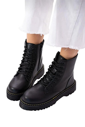 Kadın Fermuarlı Bağcıklı Kalın Taban Kadın Bot SİYAH