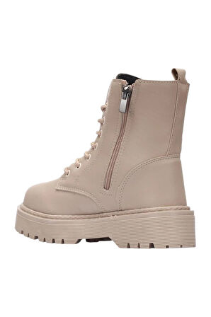 Kadın Fermuarlı Bağcıklı Kalın Taban Kadın Bot BEJ
