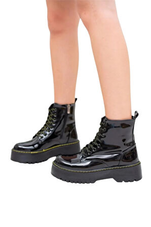 Kadın Fermuarlı Bağcıklı Kalın Taban Kadın Bot SİYAH - SARI