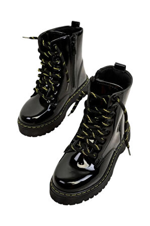 Kadın Fermuarlı Bağcıklı Kalın Taban Kadın Bot SİYAH - SARI