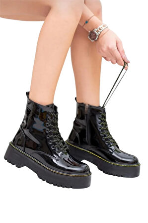 Kadın Fermuarlı Bağcıklı Kalın Taban Kadın Bot SİYAH - SARI