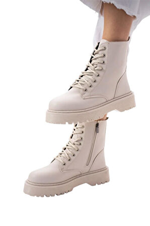 Kadın Fermuarlı Bağcıklı Kalın Taban Kadın Bot KREM