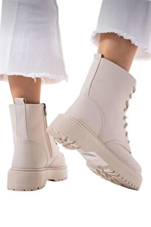 Kadın Fermuarlı Bağcıklı Kalın Taban Kadın Bot KREM