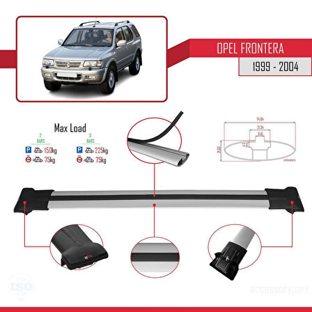 Opel Frontera 2 1999-2004 Arası ile Uyumlu FLY Model Ara Atkı Tavan Barı Gri 2 Adet