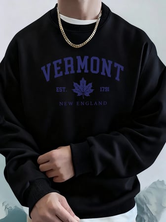 Vermont New England Est 1791 Baskılı Kapüşonlular Erkek Yumuşak Polar Eşofman Rahat Sonbahar