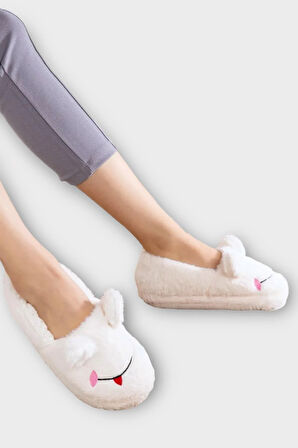 Kışlık Kadın Panduf Ev Ayakkabısı | Kurbağa Figürlü | Kaydırmaz Taban BEYAZ