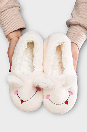 Kışlık Kadın Panduf Ev Ayakkabısı | Kurbağa Figürlü | Kaydırmaz Taban BEYAZ