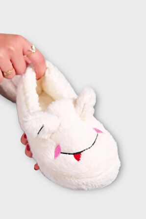 Kışlık Kadın Panduf Ev Ayakkabısı | Kurbağa Figürlü | Kaydırmaz Taban BEYAZ