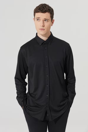 Erkek Siyah Comfort Fit Rahat Kesim Düğmeli Yaka Pamuklu Gömlek