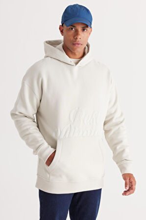 Erkek Bej Oversize Fit Bol Kesim Kapüşonlu Içi Polarlı 3 Iplik Baskılı Sweatshirt