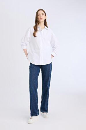 Oversize Geniş Kalıp Basic Düz Oxford Uzun Kollu %100 Pamuk Gömlek