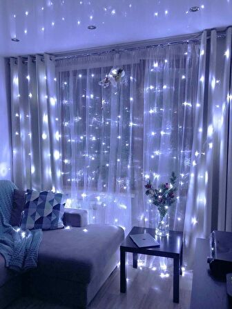 Brokoli Home 8 Fonksiyonlu 16 Saçaklı Animasyonlu Perde LED Işık Kalın Telli Saçak LED Işık 3 x 3 Metre Perde Led Aydınlatma Süsleme Fişli Model 