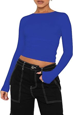 Mavi Bisiklet Yaka Bluz Darkalıp Ribana Kumaş Günlük Basic Body