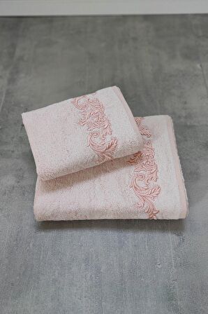 Sevim Bambu Yumuşak & Su Emici Tivoli Cloé Havlu - Pudra Rengi Nakışlı Havlu Modelleri - 2'li Set