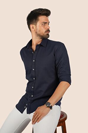 Lacivert Baklava Desen Slimfit Erkek Gömlek
