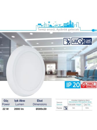 Teletek 22W Radar Sensörlü ve Acil Durum Kitli LED Glob Tavan Armatürü - 2000 Lümen - 6500K