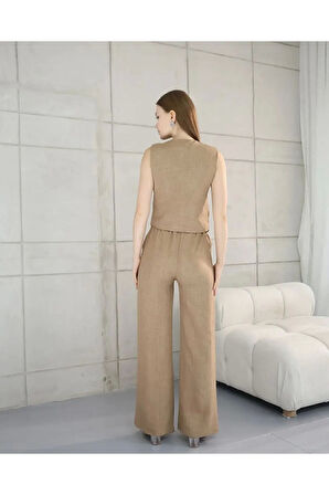 Rahat Form Yelekli Pantolon Takım Modern Fit Keten Takım
