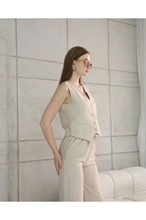 Rahat Form Yelekli Pantolon Takım Modern Fit Keten Takım