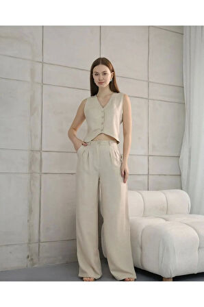 Rahat Form Yelekli Pantolon Takım Modern Fit Keten Takım
